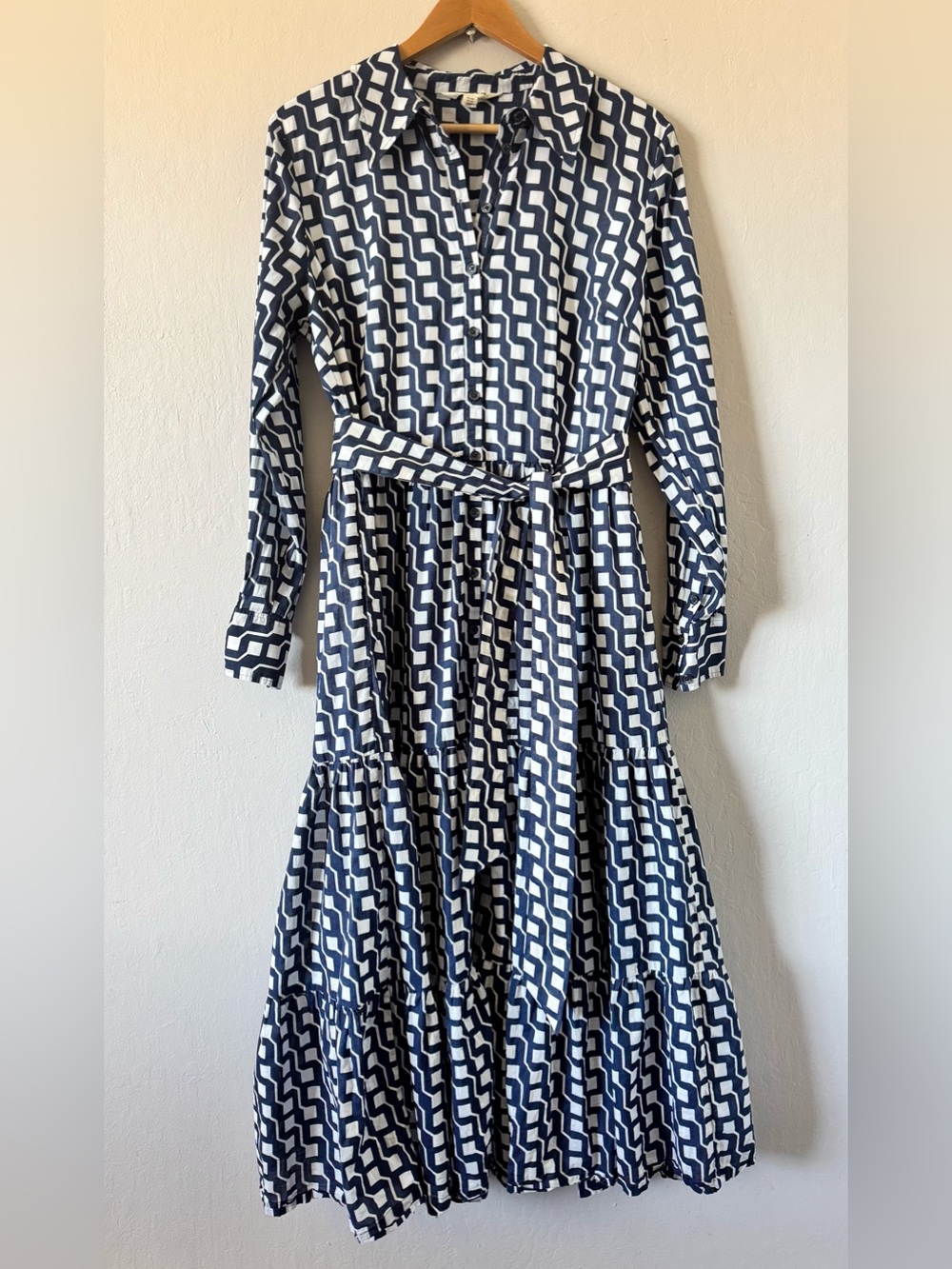 Boden Alexa Cotton Midi Shirt Dress Navy and White Geometric Print Best Seller!